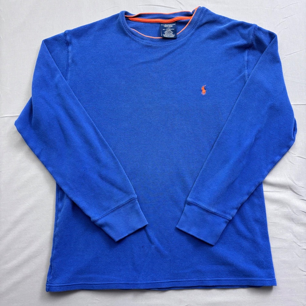 Polo Ralph Lauren Mens Blue Waffle Knit Thermal Sleep Shirt Orange Pony Large